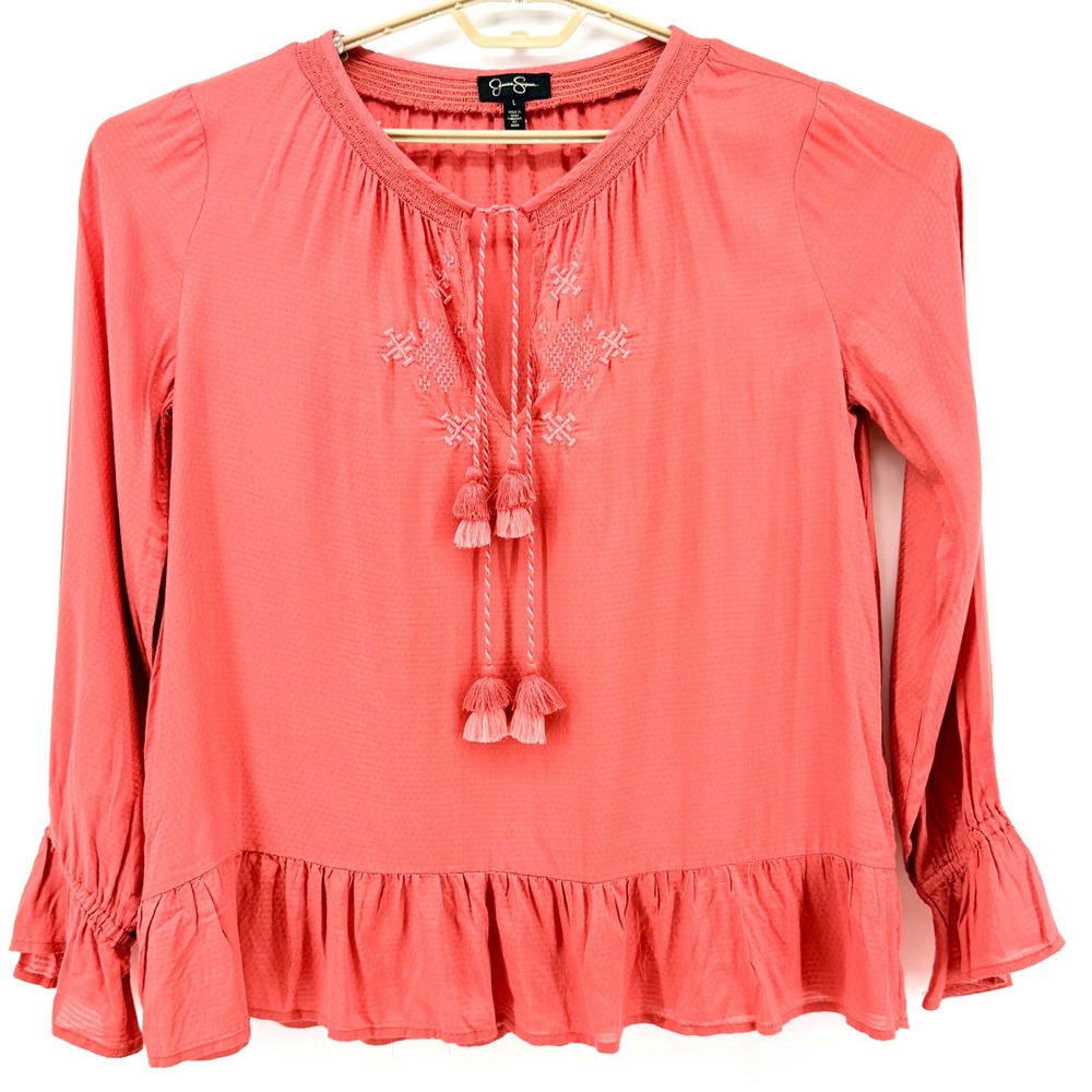 Jessica Simpson Hesti Top Women Large Salmon Excellent Embroidered Boho Ruffle